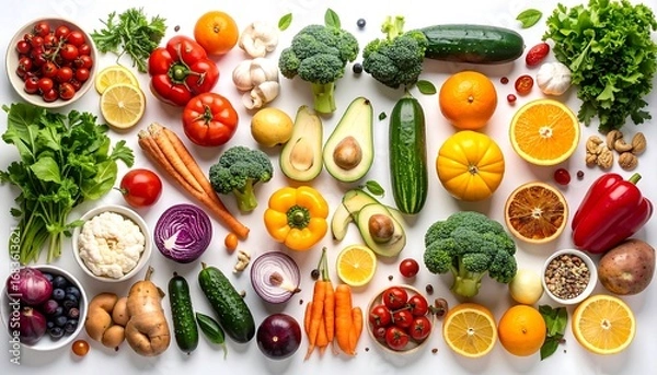Fototapeta A vibrant array of colorful fruits and vegetables arranged artfully on a white surface.  Fresh produce in a variety of hues showcases the abundance of healthy options.