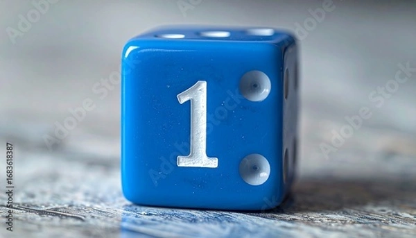 Fototapeta Close-up of a vibrant blue die displaying the number one, with a focus on the die's glossy surface and the crisp white numerals against a subtly textured background.