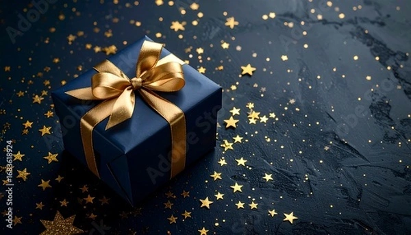 Obraz A sophisticated navy blue gift box, adorned with gold ribbon and glittering stars, sits on a dark textured surface, creating a festive and elegant presentation.