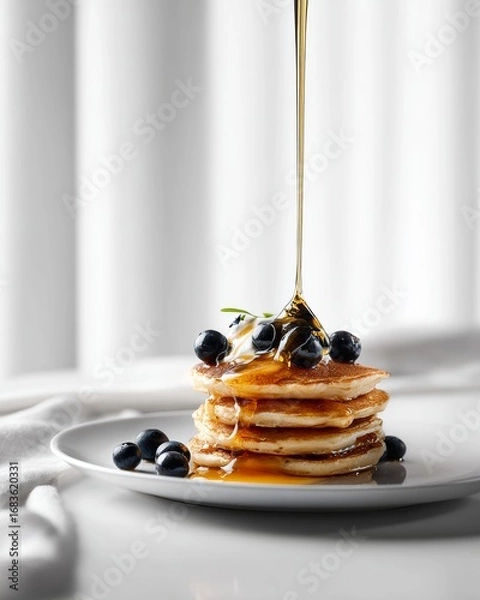 Fototapeta Delicious stack of fluffy pancakes topped with fresh blueberries and golden honey dripping down. Perfect breakfast served on white plate with natural light.
