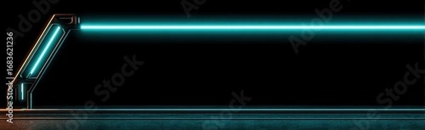 Fototapeta Futuristic, metallic device emits turquoise laser beam against black background