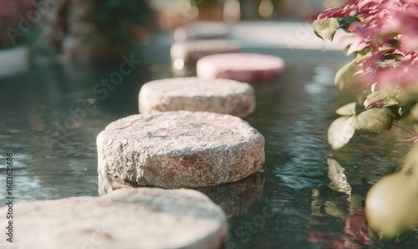 Fototapeta Smooth, round stones form a path across a tranquil water garden