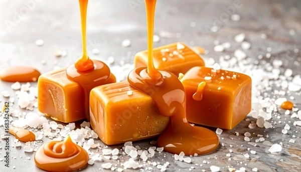 Fototapeta Melted caramel candies drip over salted caramel squares on a textured surface, showcasing a rich, golden hue.