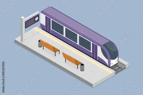 Fototapeta Train stopping at a station platform. Transport concept. 3d flat isometric vector illustration.