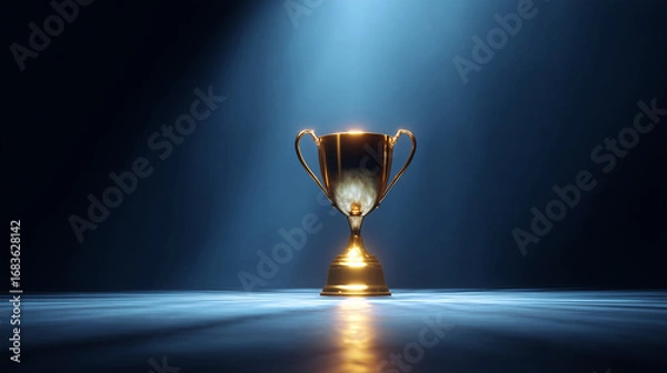 Fototapeta Golden trophy standing tall under vibrant spotlight, showcasing victory, excellence, and recognition. Perfect representation of success in competitions, awards ceremonies, and team accomplishments.