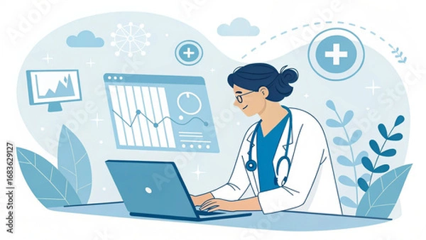 Fototapeta A doctor working on a laptop with medical data displayed on screens in a bright and clean environment