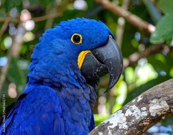 Obraz Close-up view of a vibrant blue macaw, showcasing intricate plumage and a striking yellow face.