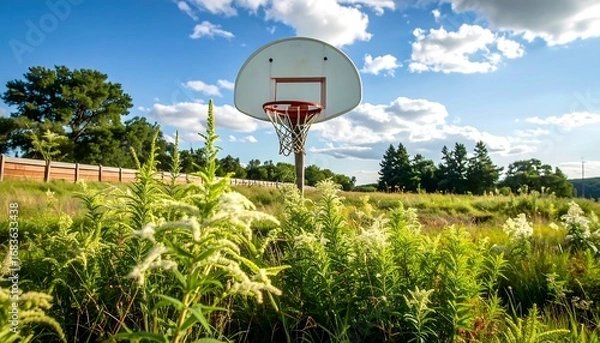 Obraz A white basketball hoop stands tall against a backdrop of vibrant wildflowers and a partly cloudy summer sky.