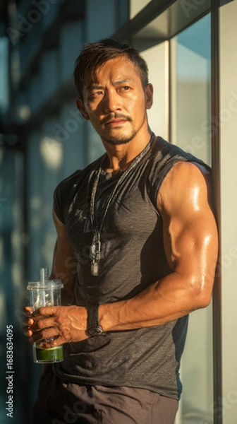 Fototapeta After completing a workout session at the gym, an Asian man savors a chilled matcha drink while standing in a sunlit spot, highlighting his refreshment and relaxation