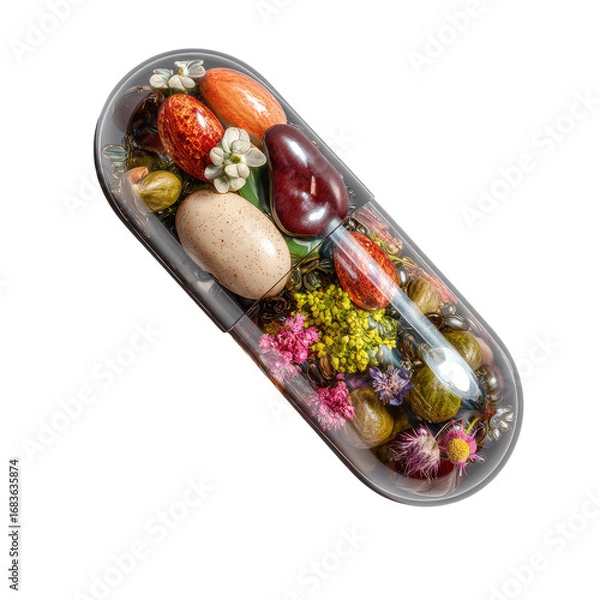 Fototapeta A transparent capsule filled with various foods and flowers.  Colorful fruits, nuts, and blossoms are meticulously arranged inside.  Healthy nutrition concept