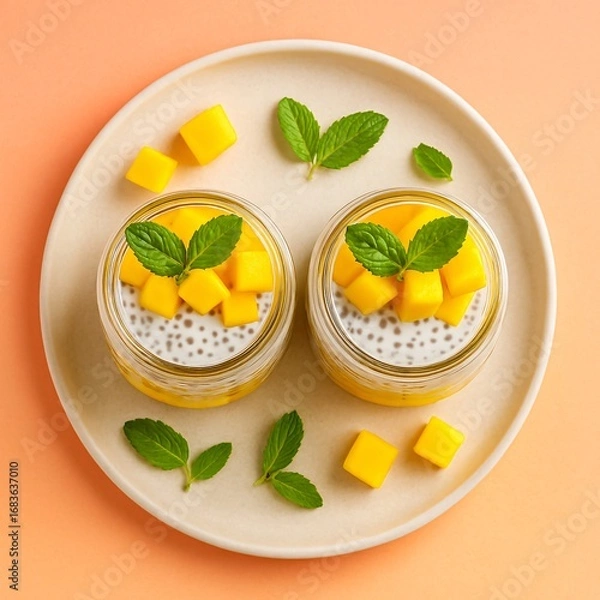 Fototapeta Top view of mango chia pudding jars with mint leaves on plate over orange pastel background