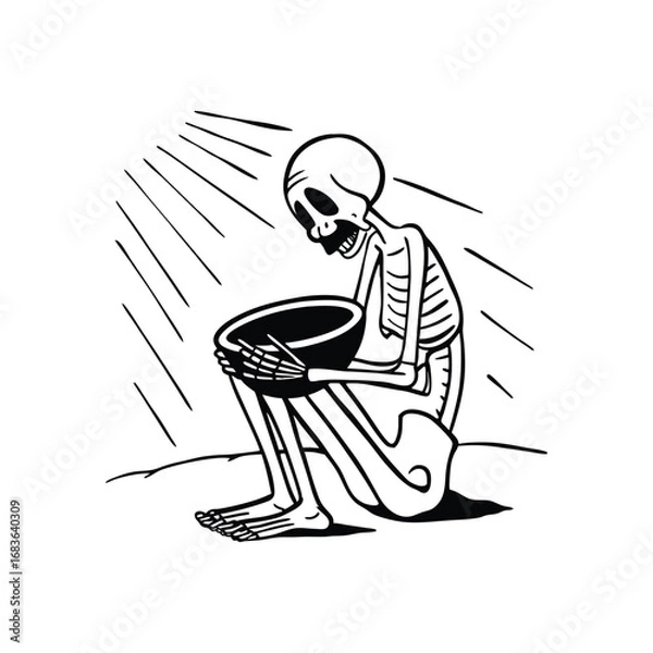 Obraz Skeleton begging for money.Empty Plate, Empty Life: Famine Concept Art
