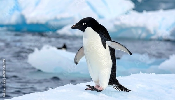 Fototapeta Majestic Adelie penguin stands proudly on a frozen expanse of ice, its black and white plumage contrasting beautifully against the pristine white snow and backdrop of turquoise water.