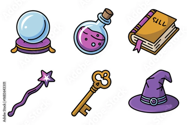 Fototapeta Magic potion and crystal ball vector illustrations, fantasy book and key design, mystical wizard elements, decorative magical art style