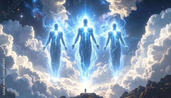 Obraz Three ethereal figures ascend amongst clouds and stars