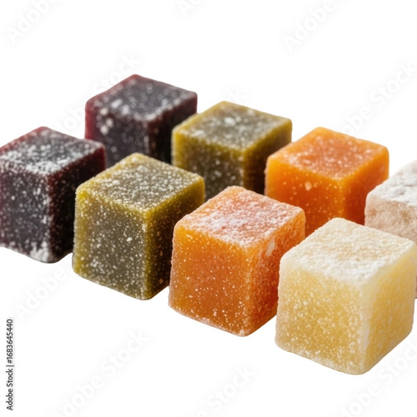 Fototapeta Artisan fruit jellies: rustic squares, rice flour dusted, plum, olive, apricot, lemon, on transparent background with copy space, soft studio light, wholesome confectionery concept