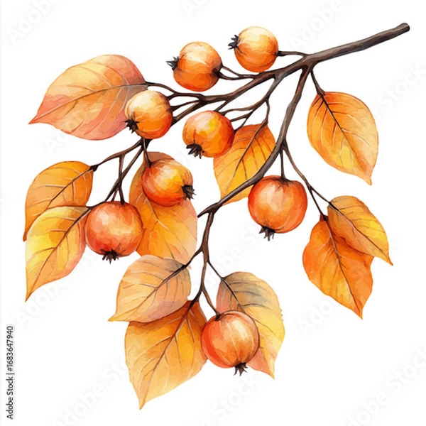Obraz watercolor of Winter Berries And Leaves, vector, isolated on a white background.