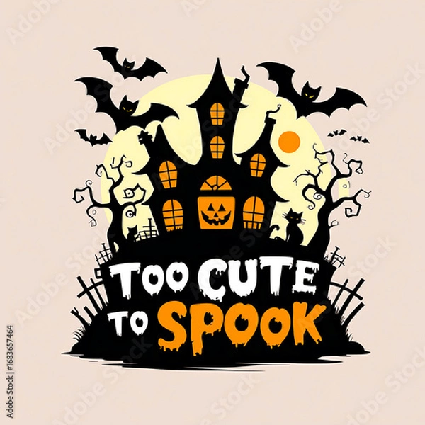Fototapeta Spooky haunted house with full moon and bats Halloween artwork t-shirt design perfect for horror fans, gothic fashion, and creepy night lovers