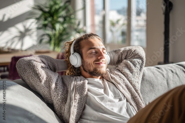 Obraz Happy man listening music while relaxing on sofa at home. Lifestyle and leisure time concept