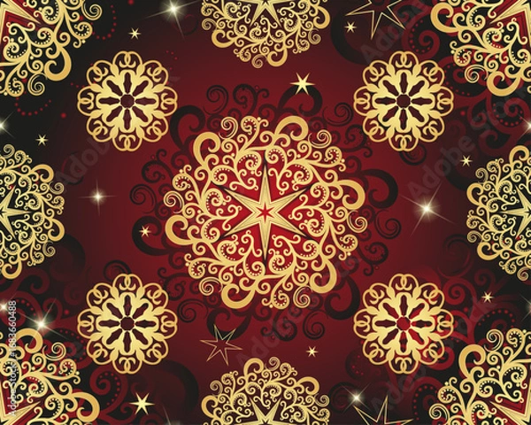 Fototapeta Vector seamless red pattern with hand drawn golden swirl circles, gradient spots, beads and vivid stars.