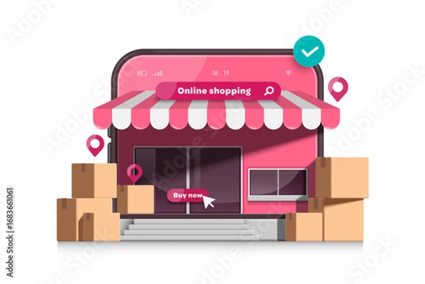 Fototapeta Parcel box or cardboard box placed in front of a shop or store in the shape of a pastel pink smartphone for delivery and online shopping concept advertising design, vector 3d isolated for design
