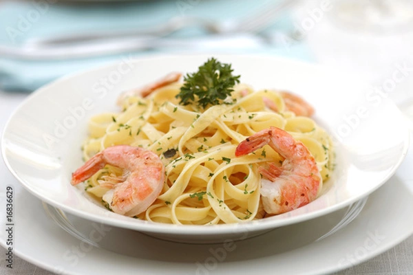 Obraz Pasta Alfredo with grilled shrimps