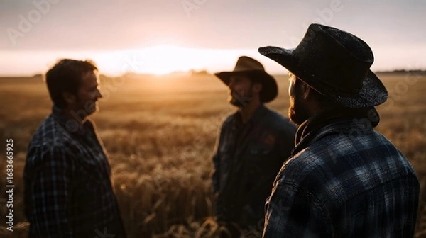Obraz Three male farmers in hats and plaid shirts gather in a golden wheat field at sunset engaged in a conversation about their harvest