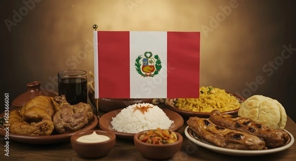 Fototapeta A culinary journey through Peruvian flavors, showcasing a delightful array of traditional dishes, alongside the flag of Peru
