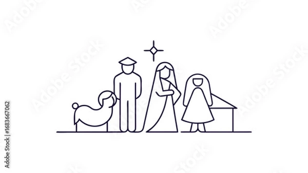 Fototapeta Elegant single line art nativity scene isolated on white background