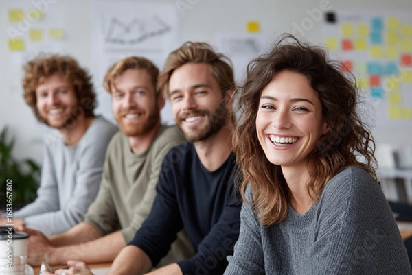Fototapeta Four young adults smile and engage in a collaborative atmosphere at a modern office. Their expressions reflect enthusiasm as they share ideas and create together, surrounded by colorful notes