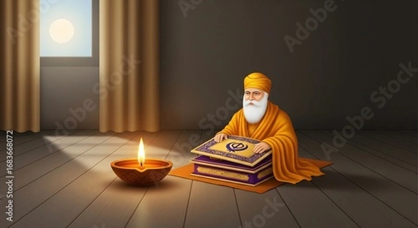 Fototapeta Guru Nanak Dev Ji with Sri Guru Granth Sahib and Lit Diya in Reverent Setting. AI Generated 