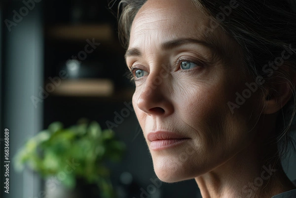 Fototapeta A woman gazes pensively out of a window, her expression contemplative and calm. Sunlight enhances her features, and lush greenery can be seen nearby, creating a peaceful atmosphere
