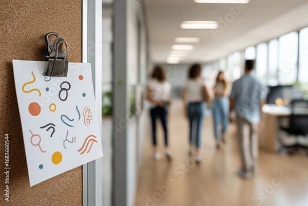 Fototapeta In a lively office space, an abstract piece of art hangs on a corkboard, while three colleagues walk by in casual attire