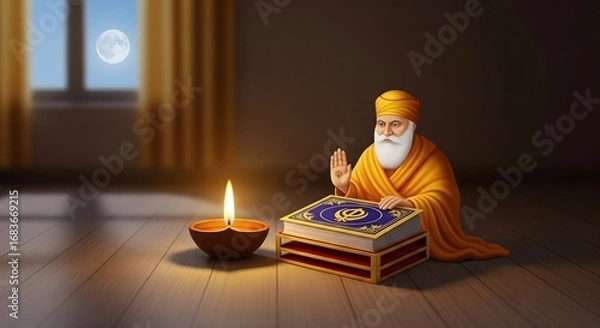 Fototapeta Guru Nanak Dev Ji & Granth Sahib with Diya Lamp & Full Moon | Sikh Spirituality & Festival. AI Generated 
