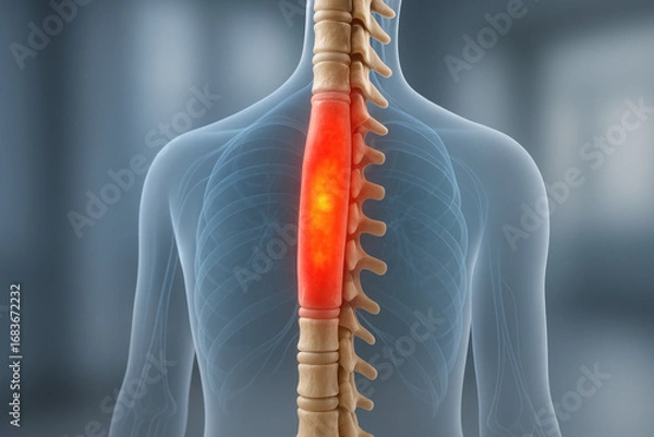 Fototapeta Spinal Cord Inflammation Illustration, Anatomical View of Back Pain, Medical Visualization [Illustration]