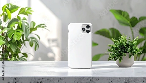Obraz Blank white smartphone case on a light surface, surrounded by greenery
