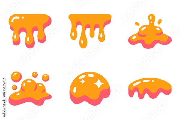 Fototapeta Orange pink slime vector illustrations, dripping goo splatters, cartoon sticky blobs set, glossy slime elements, playful messy fun designs
