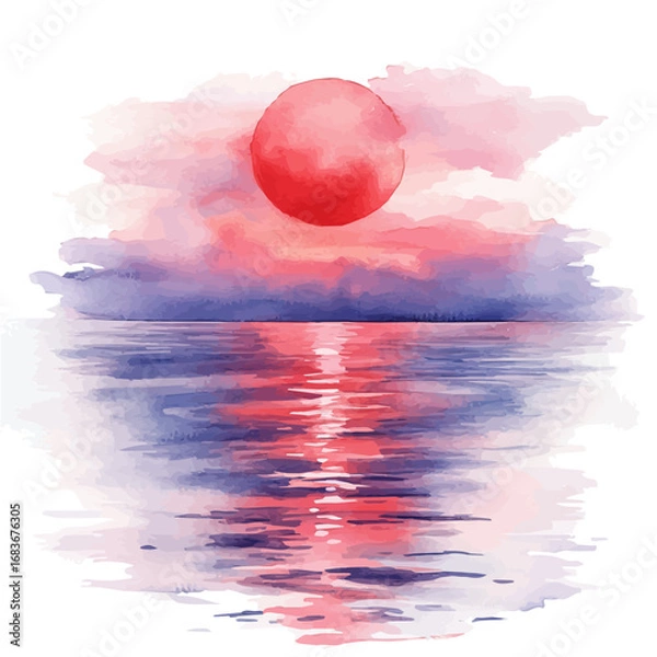 Fototapeta Sunset Over Calm Ocean, watercolor vector, isolated on a white background.