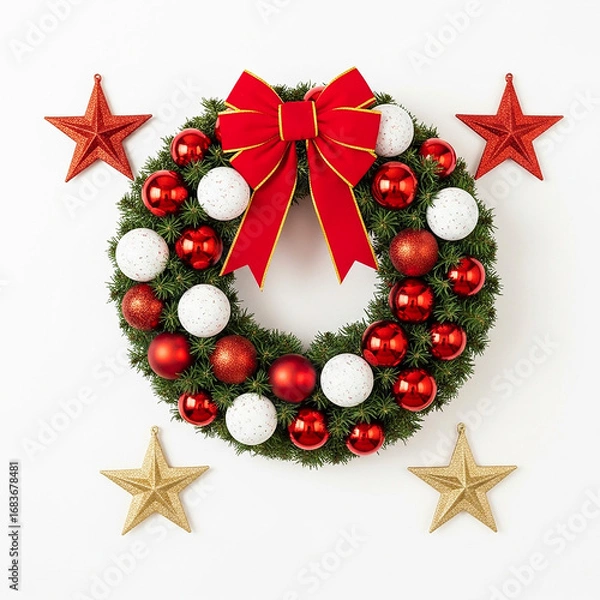 Fototapeta Festive christmas wreath adorned with red and white ornaments and a large red bow surrounded by stars