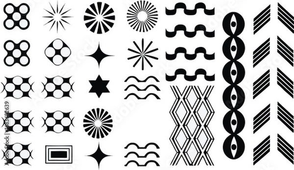 Fototapeta Abstract vector geometric icons set with stars, waves, circles, floral motifs, decorative line patterns, modern creative symbols for design
