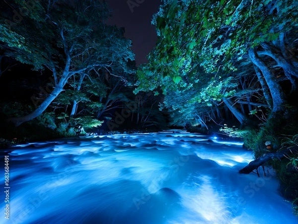 Fototapeta Magical Forest River Flowing with Ethereal Blue Light Under a Starry Night Sky