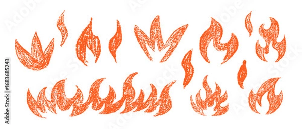 Fototapeta Hand drawn fire flames set. Crayon, pastel and chalk doodle collection with sketch texture. Grunge yellow flame elements. Vector illustration isolated on white background