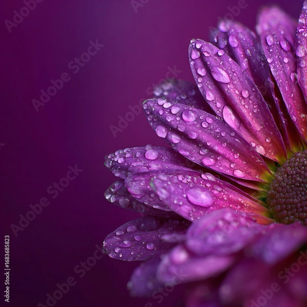 Fototapeta A stunning macro photograph captures the intricate details of a purple daisy covered in delicate water droplets. The petals glisten with moisture, highlighting their velvety texture and vibrant magent