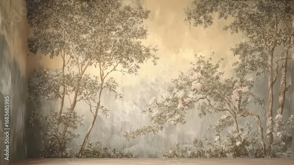 Fototapeta Wall painting with the image of trees and forest. Design for wallpaper, photo wallpaper, frescoes, wall painting and other works.