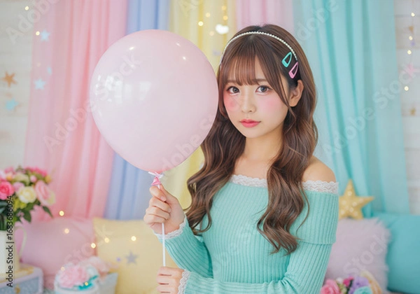 Obraz パステルカラーの部屋で風船を持つ可愛い女性