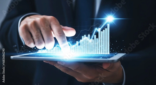 Fototapeta Businessman interacting with futuristic financial data visualization