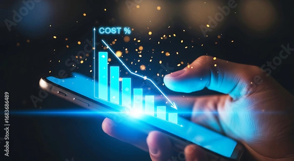 Fototapeta Hand holding smartphone displaying financial growth chart with sparkles