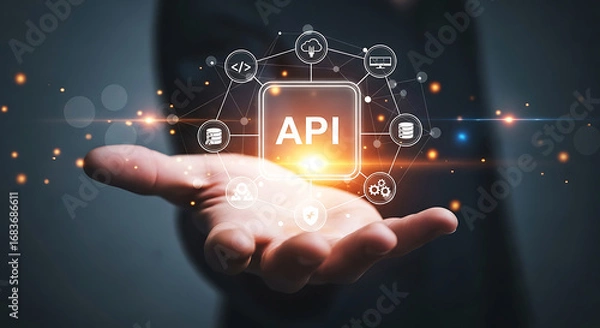 Fototapeta Hand holding digital api connection with network icons
