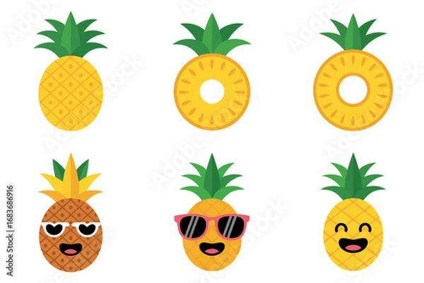Fototapeta Playfruit pineapple vector illustrations, whole and sliced pineapple icons, tropical fruit characters, smiling emoji faces, summer food graphics