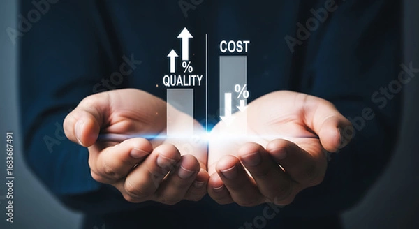 Fototapeta Hands holding upward trending quality and cost graph